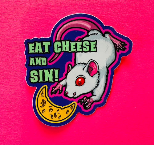 Eat Cheese and Sin White Mouse Rat Meme Sticker! - Waterproof Vinyl 3 inches