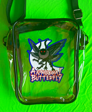 Load image into Gallery viewer, Antisocial Butterfly! Mothman Cryptid! Clear Bag with black strap and trim! For concerts, stadium approved, crossbody, unisex messenger, purse