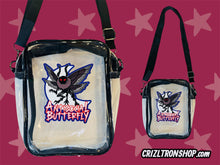 Load image into Gallery viewer, Antisocial Butterfly! Mothman Cryptid! Clear Bag with black strap and trim! For concerts, stadium approved, crossbody, unisex messenger, purse