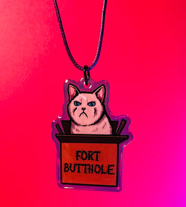 Fort Butthole! Funny Angry White Cat, Kitten, Choker Necklace! Holographic!