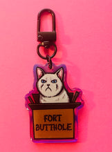 Load image into Gallery viewer, Fort Butthole angry white kitty cat Rainbow Holographic Keychain!