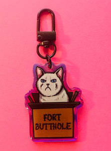 Fort Butthole angry white kitty cat Rainbow Holographic Keychain!