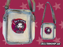 Load image into Gallery viewer, Bad at Flirting, Please Be Blunt! Possum Screaming Meme! Clear Bag with grey strap and trim! For concerts, stadium approved, crossbody, unisex messenger, purse
