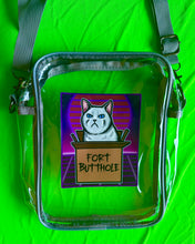 Load image into Gallery viewer, Fort Butthole Cat Kitty Meme! Clear Bag with grey strap and trim! For concerts, stadium approved, crossbody, unisex messenger, purse