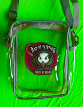 Load image into Gallery viewer, Bad at Flirting, Please Be Blunt! Possum Screaming Meme! Clear Bag with grey strap and trim! For concerts, stadium approved, crossbody, unisex messenger, purse