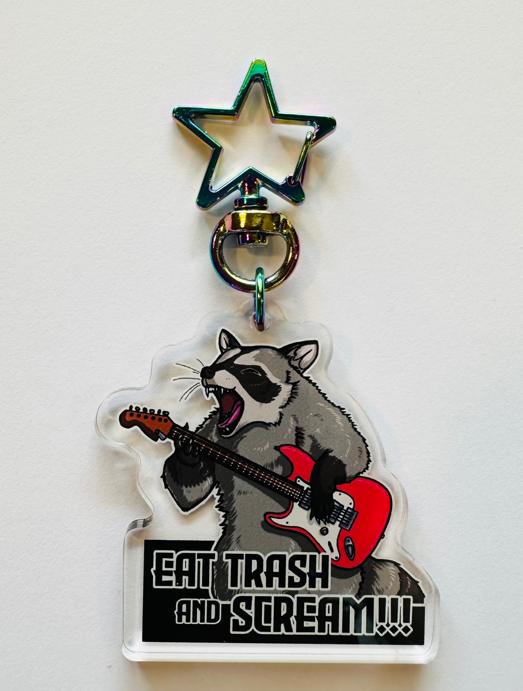 Eat trash and Scream!!! Raccoon with guitar Keychain!