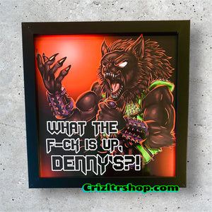 WTF IS UP, DENNYS?! Werewolf Shapeshifter Monster Metalhead Halloween Meme - 8x8 inches Framed Album Cover Styled Art print!