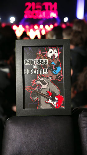 Eat trash and scream! Raccoon and possum with guitars - Framed 4 x 6 inch art print!