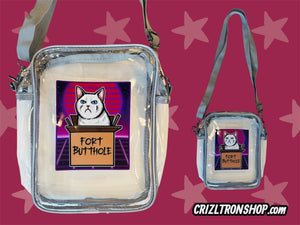 Fort Butthole Cat Kitty Meme! Clear Bag with grey strap and trim! For concerts, stadium approved, crossbody, unisex messenger, purse