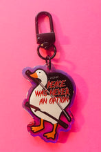 Load image into Gallery viewer, “Peace was never an option” goose with kitana sword Rainbow Holographic Keychain!