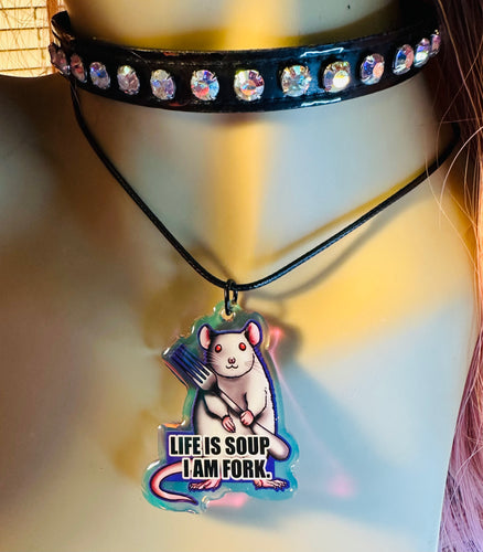 Life is soup, I am Fork. White Mouse, Rat Choker Necklace! Holographic!