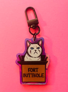Fort Butthole angry white kitty cat Rainbow Holographic Keychain!
