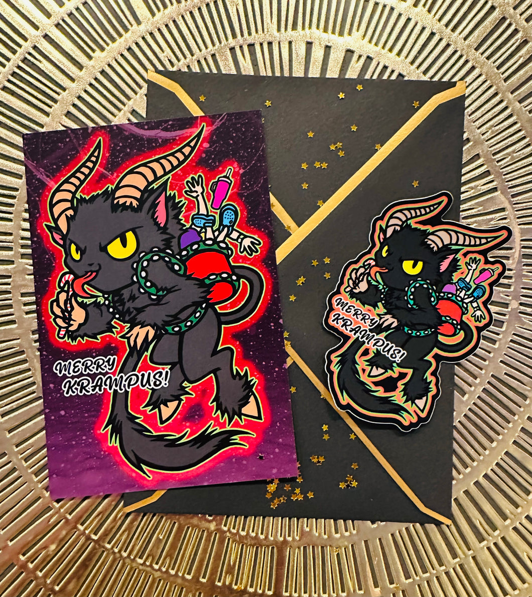 Postcard and Vinyl Sticker set! - Cute Merry Krampus!