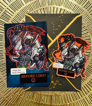 Load image into Gallery viewer, Postcard and Vinyl Sticker set! - Spicy Krampus? I hope this email finds you before I do!