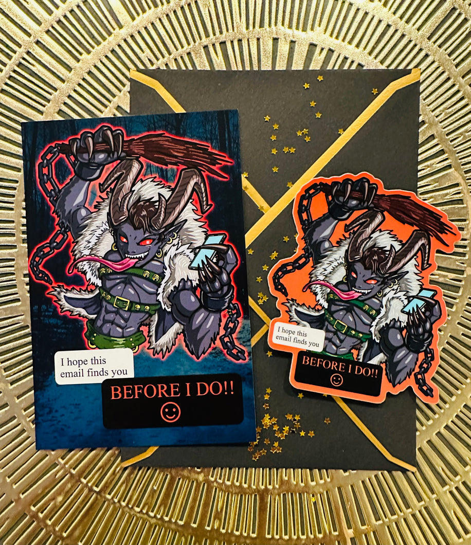 Postcard and Vinyl Sticker set! - Spicy Krampus? I hope this email finds you before I do!