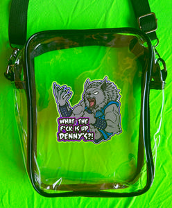 WTF is Up, Dennys?! Werewolf Skiwalker Shapeshifter Cryptid! Clear Bag with black strap and trim! For concerts, stadium approved, crossbody, unisex messenger, purse