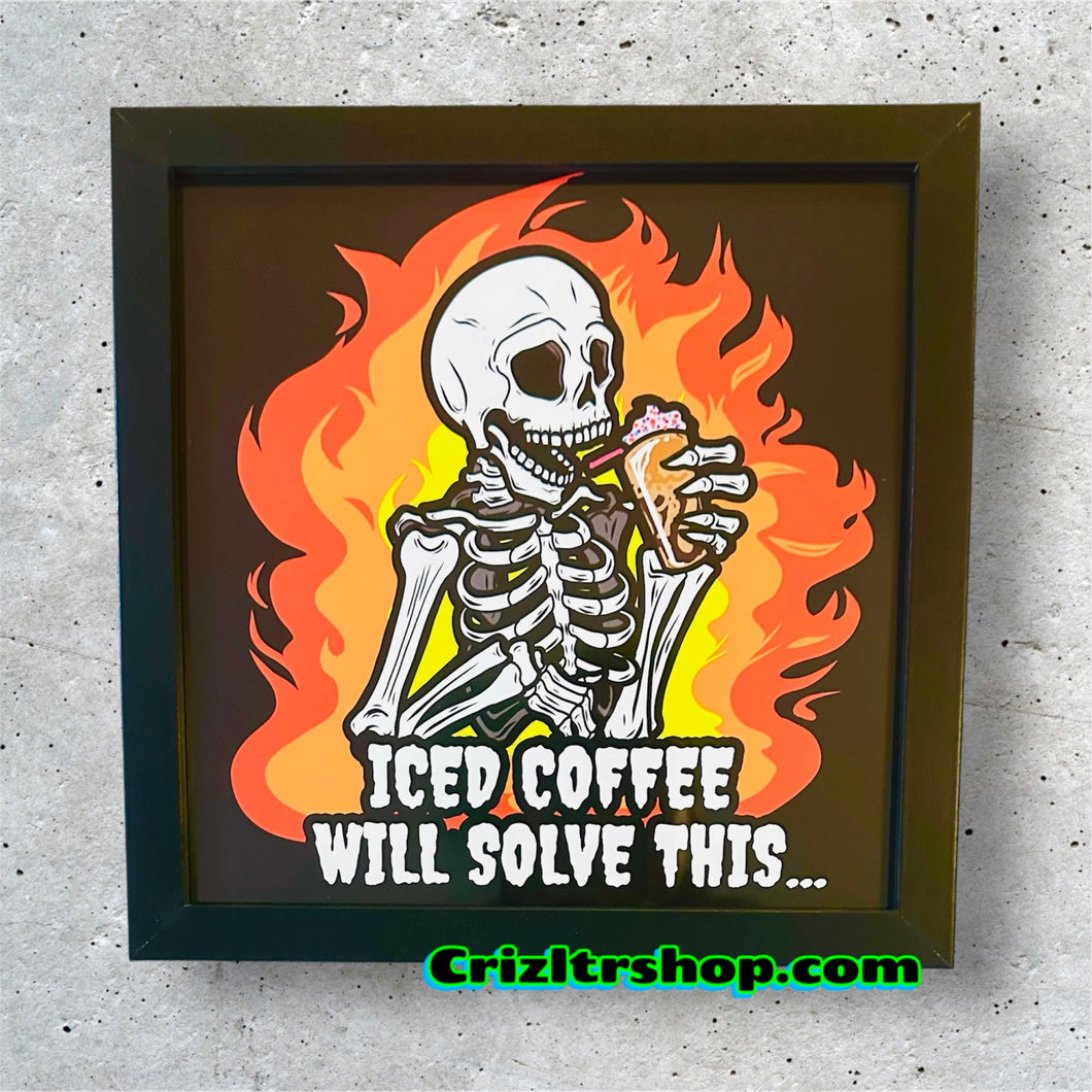 Iced Coffee Will Solve This Skeleton Halloween Spooky Monster Meme - 8x8 inches Framed Album Cover Styled Art print!