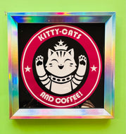 Kitty cats and coffee! Coffee shop decor - Holographic Silver Frame with 5x5 Art Print!