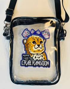 Mother, I Wish For Crab Rangoon! Baby Cheetah Leopard Cub Meme! Clear Bag with black strap and trim! For concerts, stadium approved, crossbody, unisex messenger, purse