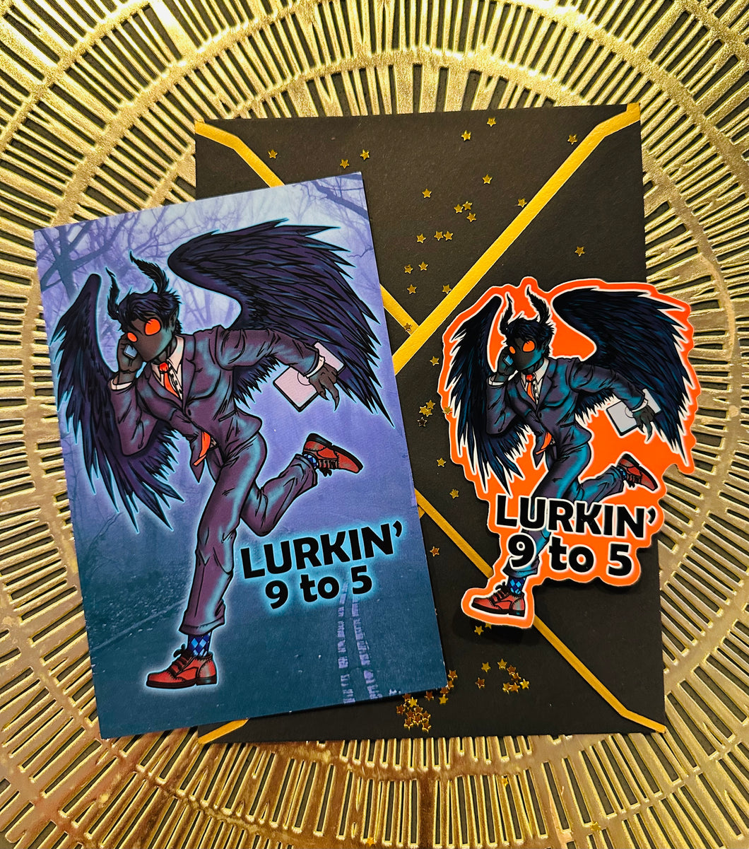 Postcard and Vinyl Sticker set! - Lurkin’ 9-5 Business Mothman!