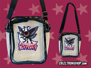 Antisocial Butterfly! Mothman Cryptid! Clear Bag with black strap and trim! For concerts, stadium approved, crossbody, unisex messenger, purse