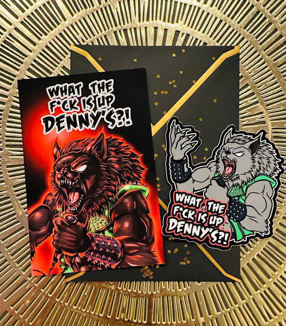 Postcard and Vinyl Sticker set! - WHAT THE FUCK IS UP, DENNYS?? Punk Werewolf!