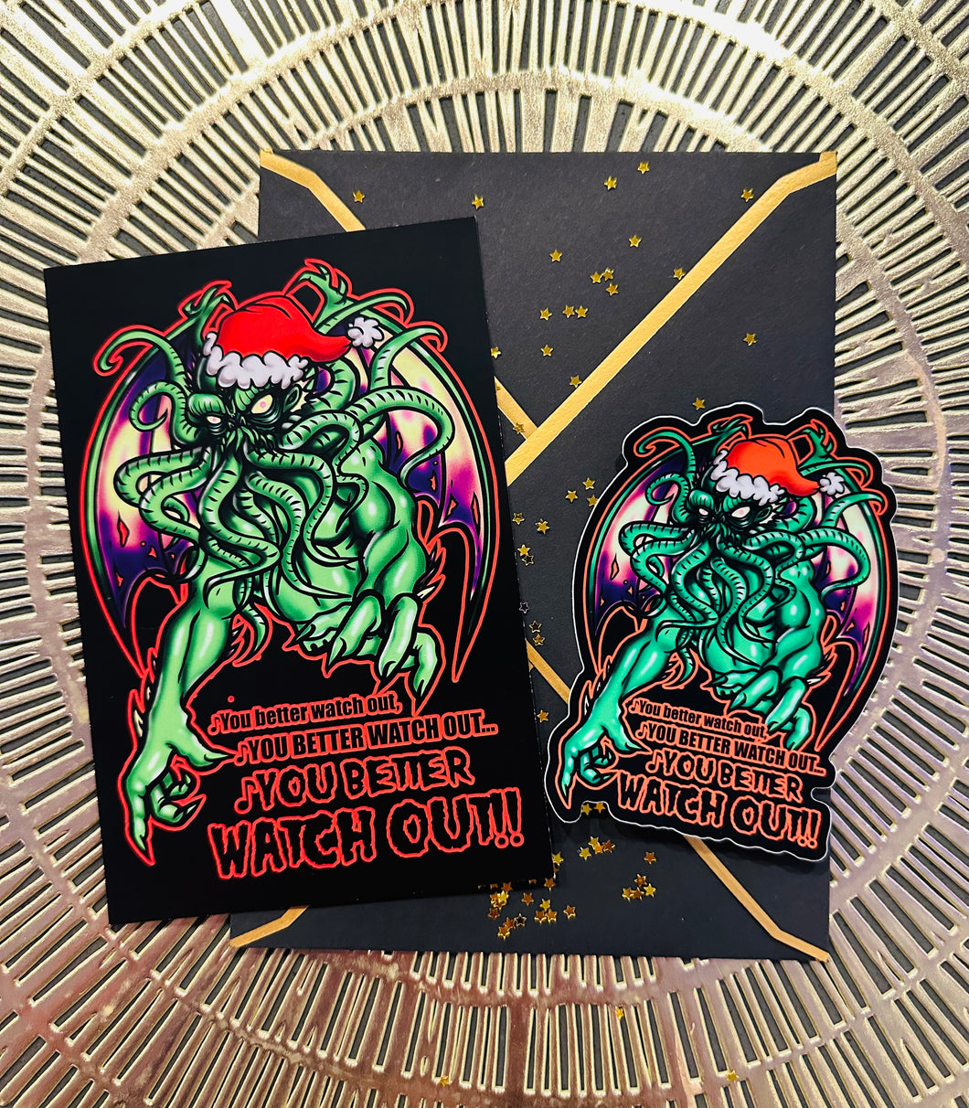 Postcard and Vinyl Sticker set! - Christmas Santa Cthulhu! You better watch out…