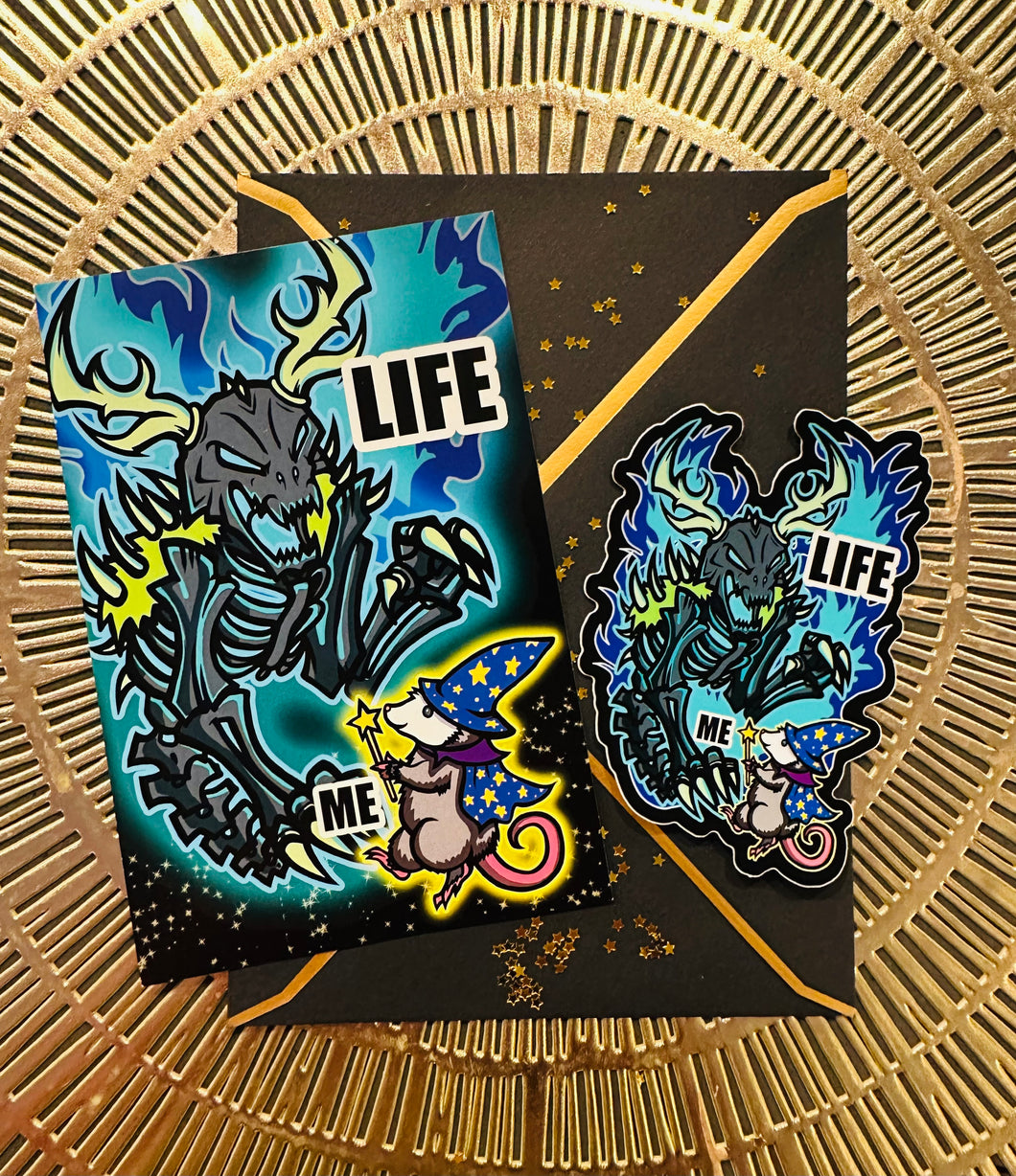 Postcard and Vinyl Sticker set! - Life Versus Me! Windigo versus Possum Wizard!