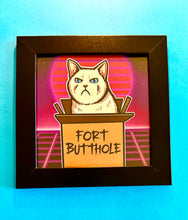 Load image into Gallery viewer, Fort butthole! Angry white cat in box! Kitten kitty vaporwave cute Funny meme - 5x5 inches Framed Album Cover Styled Art print!