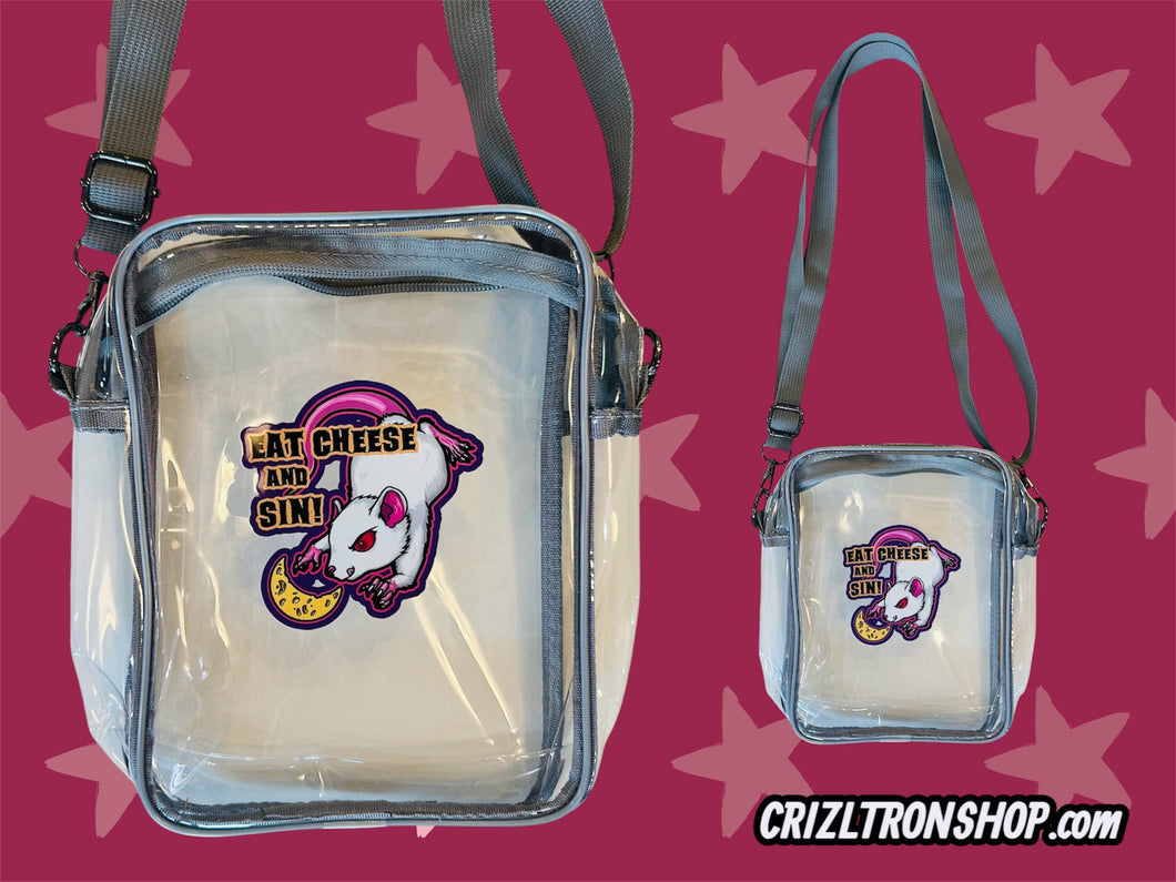 Eat Cheese and Sin! White Mouse Rat, Clear Bag with grey strap and trim! For concerts, stadium approved, crossbody, unisex messenger, purse