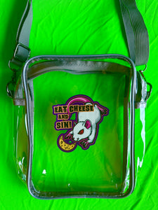Eat Cheese and Sin! White Mouse Rat, Clear Bag with grey strap and trim! For concerts, stadium approved, crossbody, unisex messenger, purse