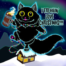 Load image into Gallery viewer, Yule cat with beer! I freakin love Christmas! Black kitty kitten white elephant gift monster Cryptid Funny meme - 5x5 inches Framed Album Cover Styled Art print!