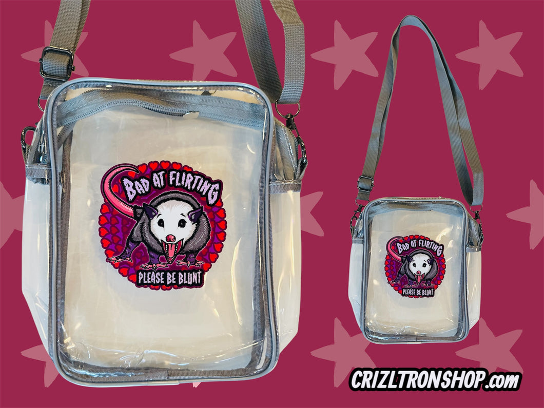 Bad at Flirting, Please Be Blunt! Possum Screaming Meme! Clear Bag with grey strap and trim! For concerts, stadium approved, crossbody, unisex messenger, purse
