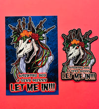 Load image into Gallery viewer, Postcard and Vinyl Sticker set! - Mari Lwyd Wishing you a very merry LET ME IN!