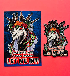 Postcard and Vinyl Sticker set! - Mari Lwyd Wishing you a very merry LET ME IN!