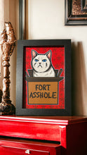 Load image into Gallery viewer, Fort A Hole white kitty cat in box - Framed 4 x 6 inch art print!