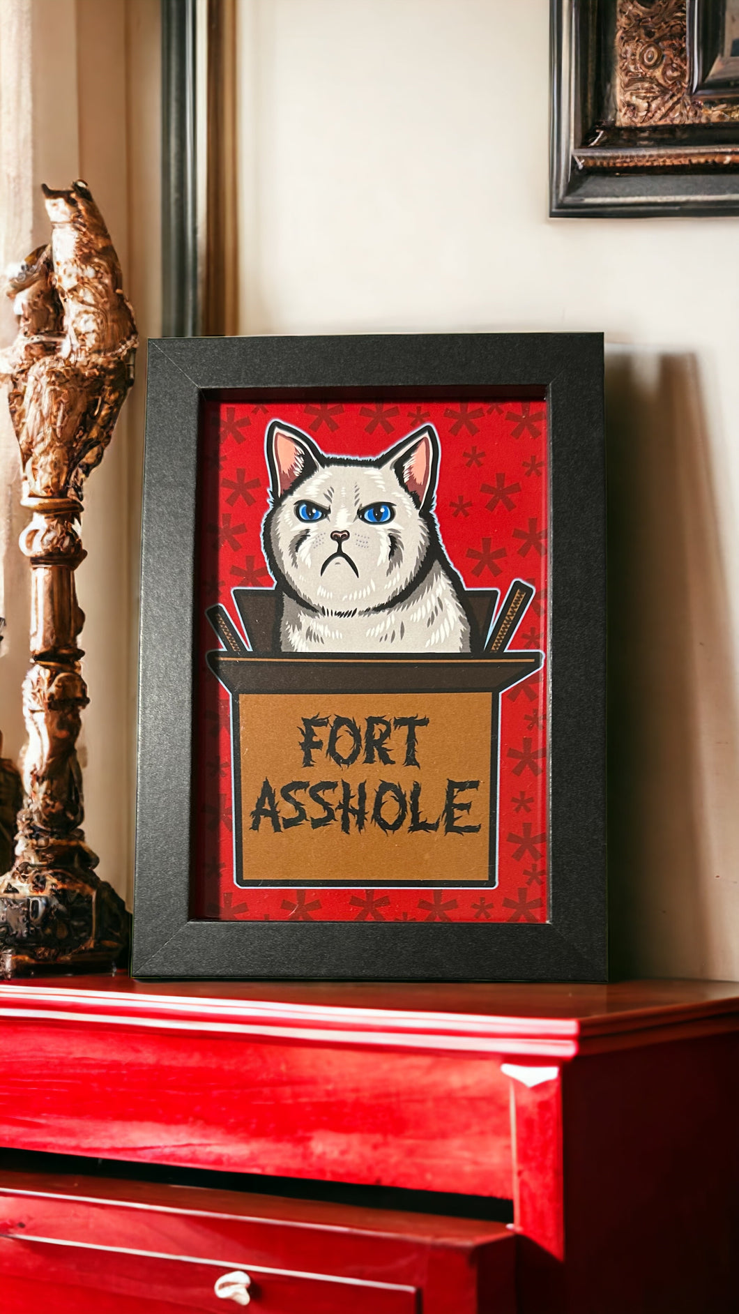 Fort A Hole white kitty cat in box - Framed 4 x 6 inch art print!