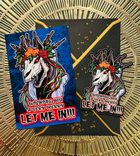 Load image into Gallery viewer, Postcard and Vinyl Sticker set! - Mari Lwyd Wishing you a very merry LET ME IN!