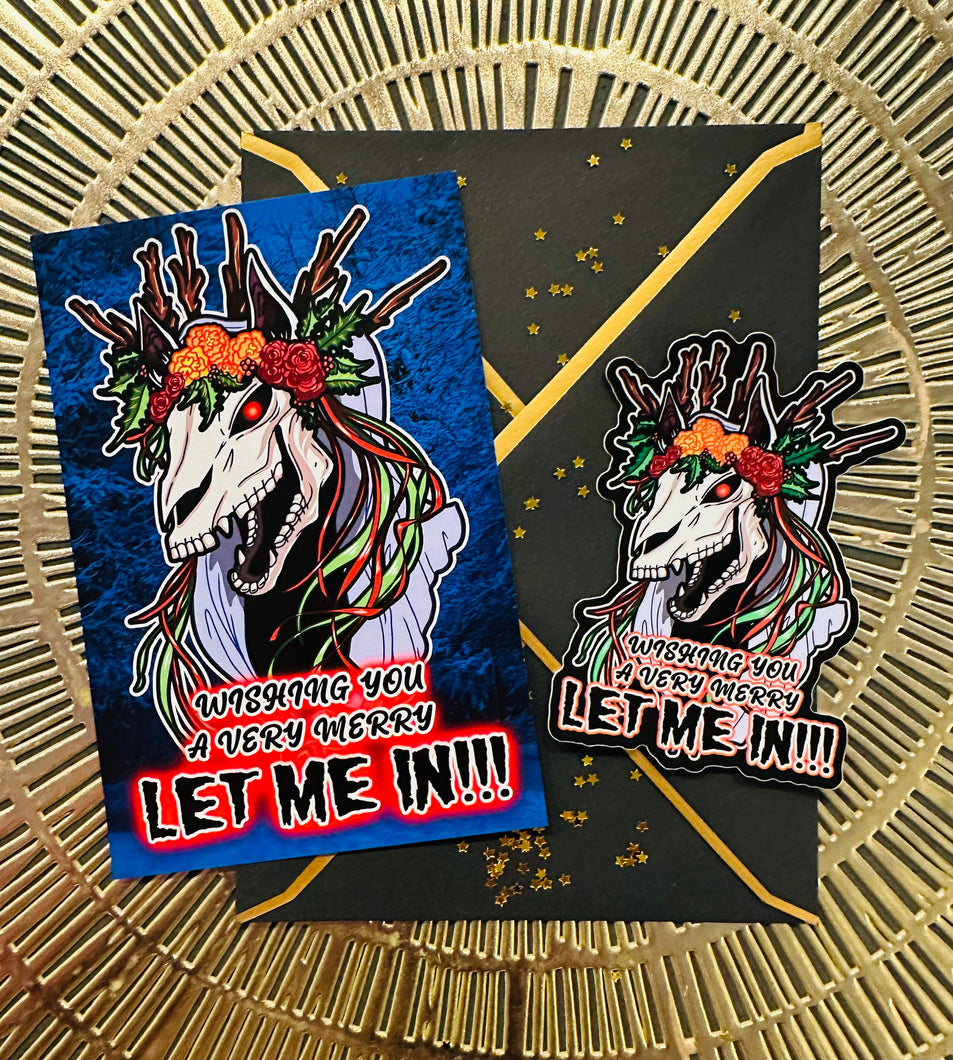 Postcard and Vinyl Sticker set! - Mari Lwyd Wishing you a very merry LET ME IN!