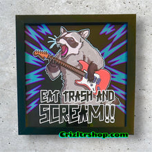 Load image into Gallery viewer, Eat Trash and Scream! Raccoon Guitar Meme - 8x8 inches Framed Album Cover Styled Art print!