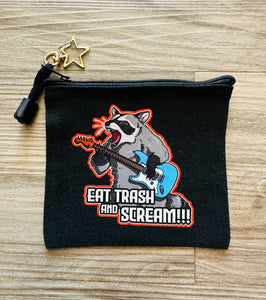 Eat trash and SCREAM! Raccoon with guitar metalhead zipper pouch!
