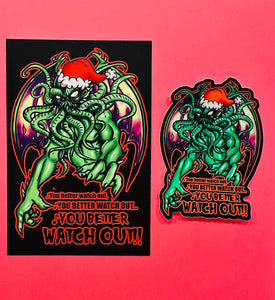 Postcard and Vinyl Sticker set! - Christmas Santa Cthulhu! You better watch out…