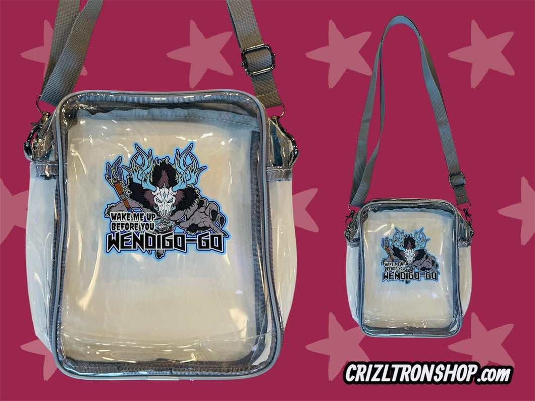 Wake Me Up Before You Wendigo-Go! By Indigenous Artist! Cryptid Spooky Clear Bag with grey strap and trim! For concerts, stadium approved, crossbody, unisex messenger, purse