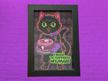 Load image into Gallery viewer, I bake to supress my rage! Black kitty - Framed 4 x 6 inch art print!