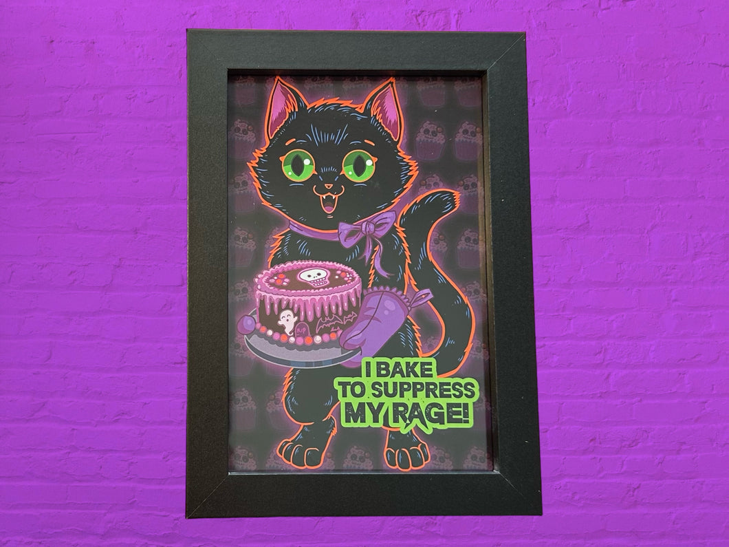 I bake to supress my rage! Black kitty - Framed 4 x 6 inch art print!