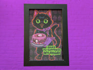 I bake to supress my rage! Black kitty - Framed 4 x 6 inch art print!