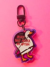 Load image into Gallery viewer, “Peace was never an option” goose with kitana sword Rainbow Holographic Keychain!
