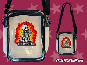 Iced Coffee Will Solve This! Skeleton Clear Bag with black strap and trim! For concerts, stadium approved, crossbody, unisex messenger, purse