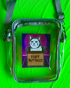 Fort Butthole Cat Kitty Meme! Clear Bag with grey strap and trim! For concerts, stadium approved, crossbody, unisex messenger, purse