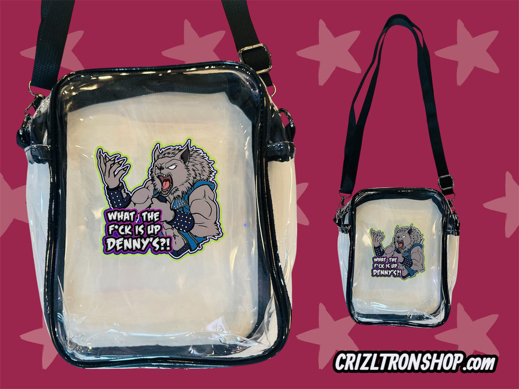 WTF is Up, Dennys?! Werewolf Skiwalker Shapeshifter Cryptid! Clear Bag with black strap and trim! For concerts, stadium approved, crossbody, unisex messenger, purse
